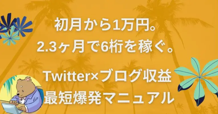 初月から1万円、２・３ヶ月で6桁稼ぐ
Twitter×ブログ収益最短爆発マニュアル